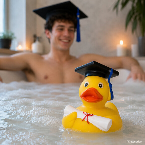 Absolventen Badeente mit Examen und typischer, schwarzer Kappe