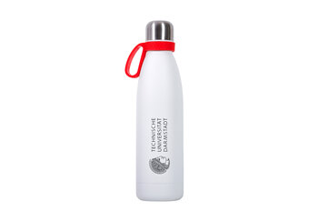 Weiße Thermotrinkflasche der TU Darmstadt