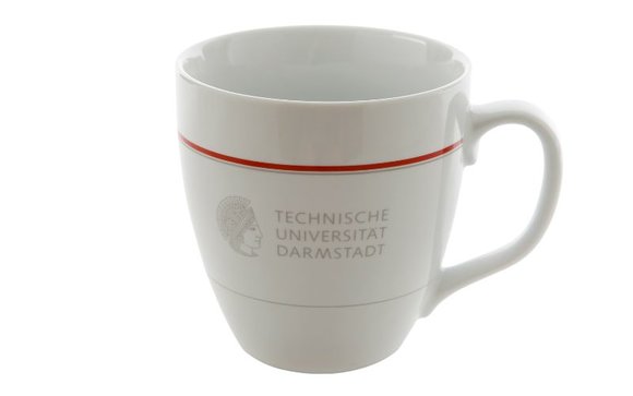 Weiße Tasse mit Athene Logo der TU Darmstadt